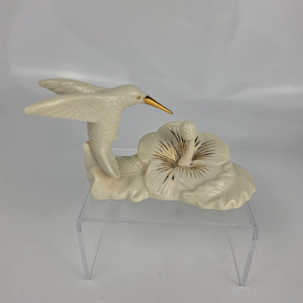 Lenox Hummingbird Hibiscus Flower Figurine 6" Ivory w Gold Accents Porcelain